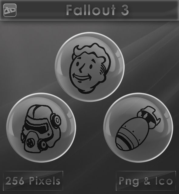 three buttons with different types of items on them and the words fallout 3 below