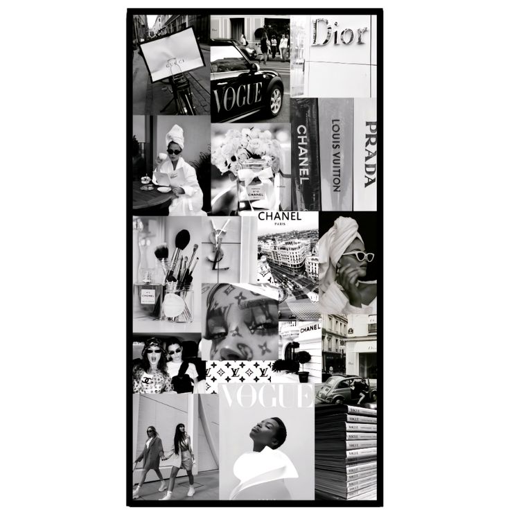 black and white collage with images of people in the background, including an advertisement for chanel