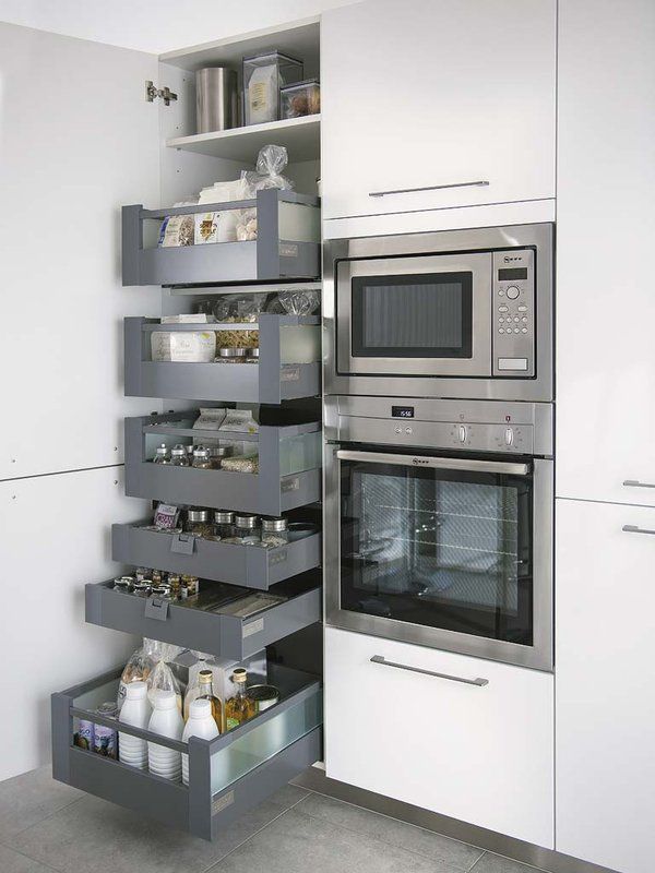 an appliance in a kitchen with shelves and drawers