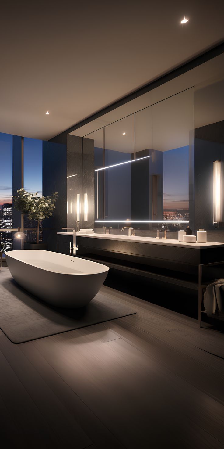 a bathroom with a large bathtub in the middle of it's floor to ceiling windows