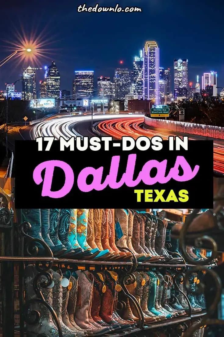 the city skyline is lit up at night with text that reads 17 must - do's in dallas texas