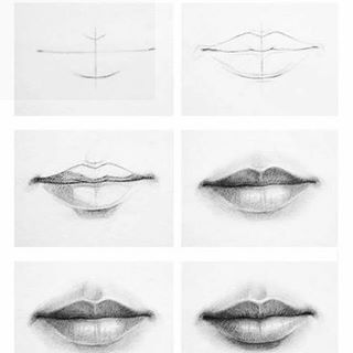 six different stages of lips drawn in pencil