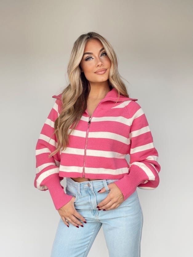 This Pink On Wednesdays Sweater is the perfect combination of style and comfort - offering a collared zipper closure, striped pattern, and balloon sleeves. Its cropped silhouette ensures a polished, elevated look that won't go unnoticed. Bright, playful, and trend-forward, the Pink On Wednesdays Sweater is the perfect choice for fun occasions, from fall shopping to dinner. 55% Acrylic 45% Cotton Hand wash cold. Pink On Wednesdays, Casual Preppy Outfits, Sleek Fashion, Fall Shopping, Preppy Outfits, Balloon Sleeves, The Pink, Dresses Xs, Stripes Pattern