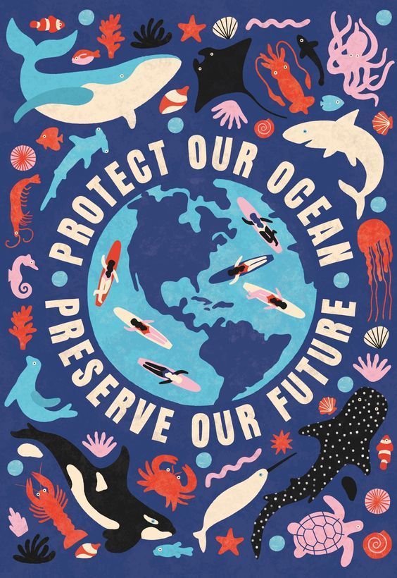 an image of the earth surrounded by marine animals and words that read protect our ocean, preserve our future