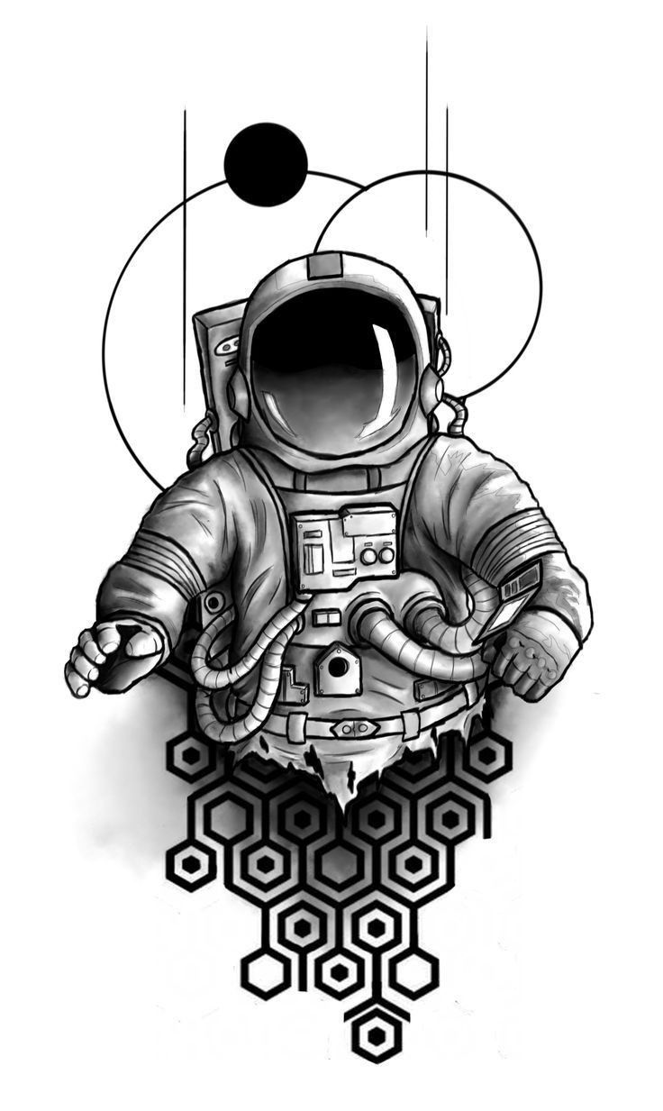 an astronaut floating in space with hexagons around him