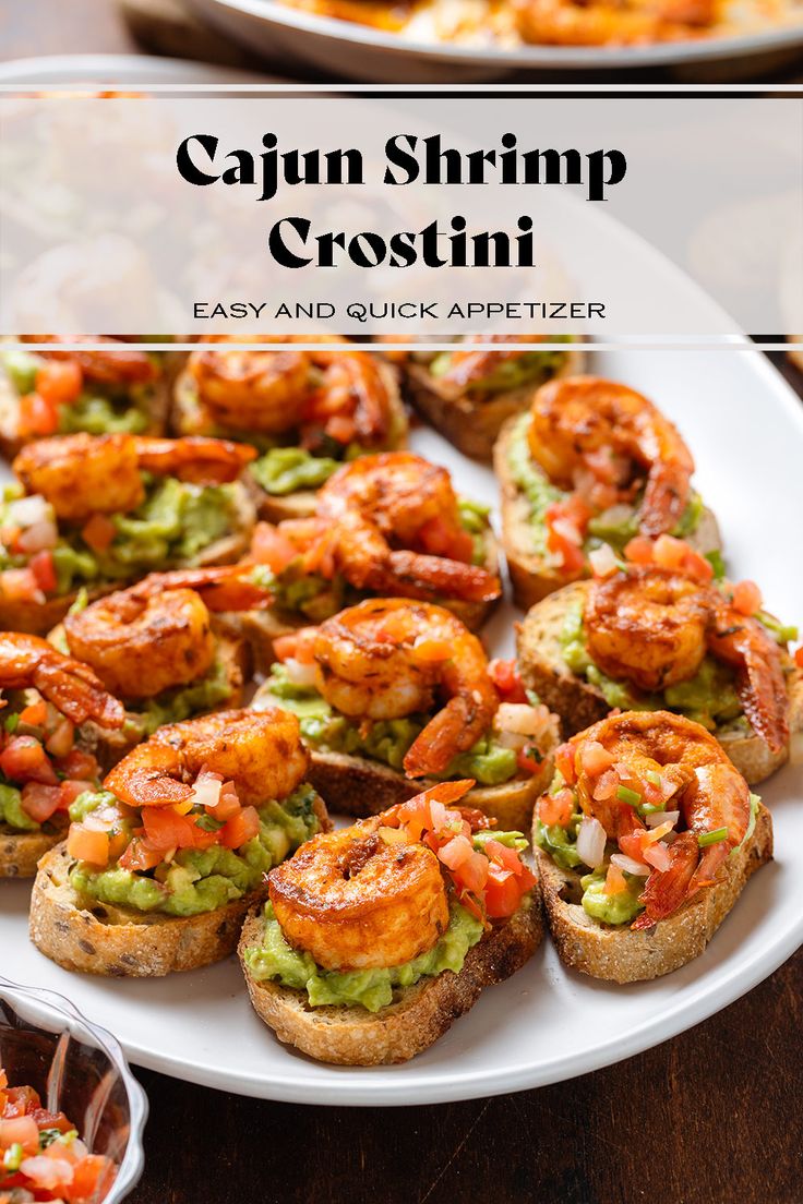 shrimp crostini with guacamole and salsa on the side is shown