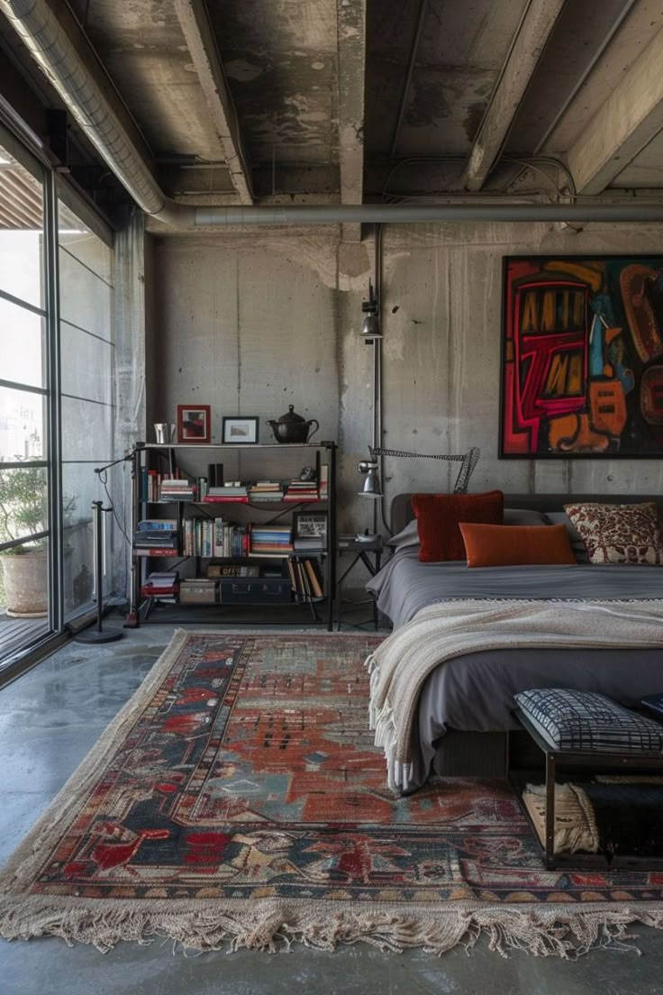 a bed sitting in the middle of a living room next to a painting on the wall