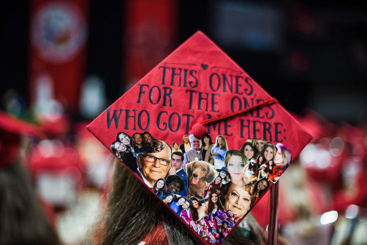 a red graduation cap with pictures of people and the words, this ones for the ones who got me there