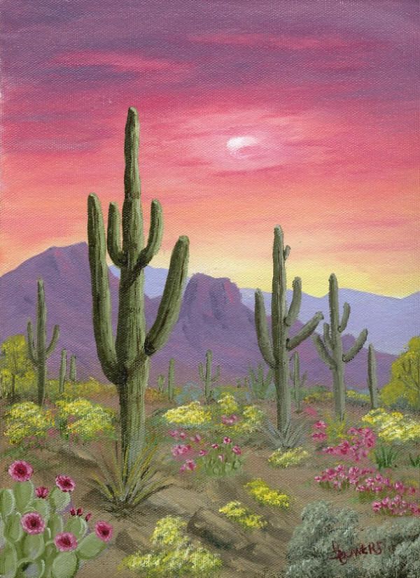 a painting of cactus plants and flowers in front of a pink sky with the sun going down