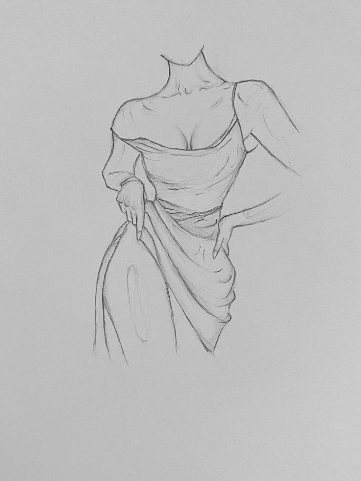 a drawing of a woman in a dress with her hand on her hip, looking down