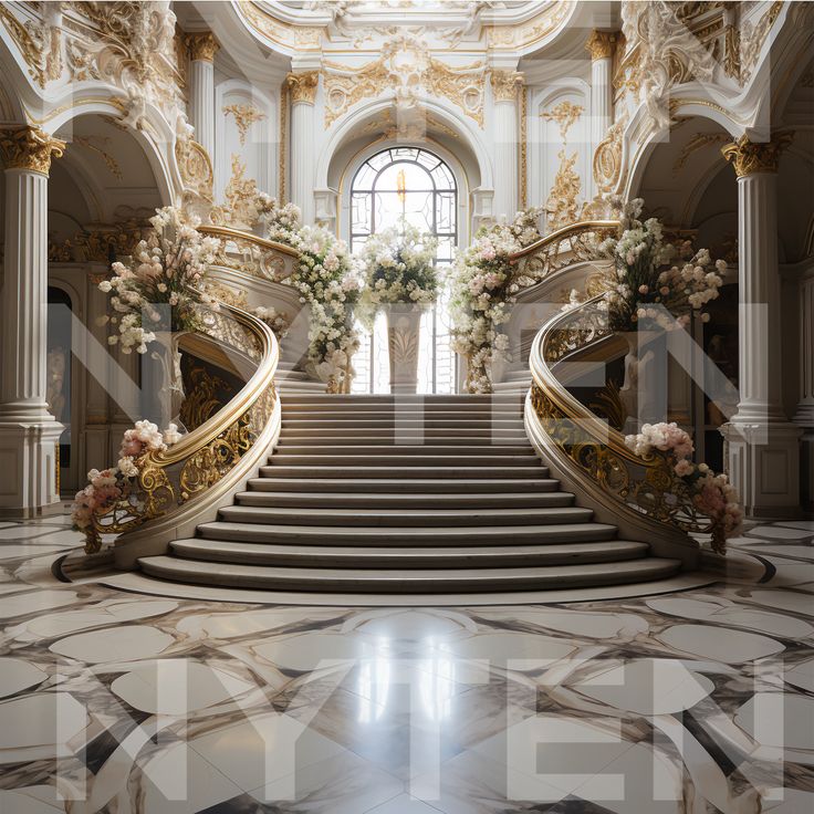 an ornate staircase with flowers on the steps