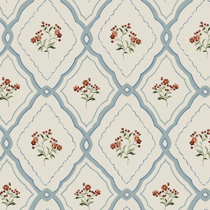 a wallpaper pattern with red flowers and blue trimmings on the edges,