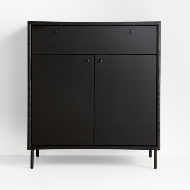 a black cabinet with two doors on one side and an open drawer on the other