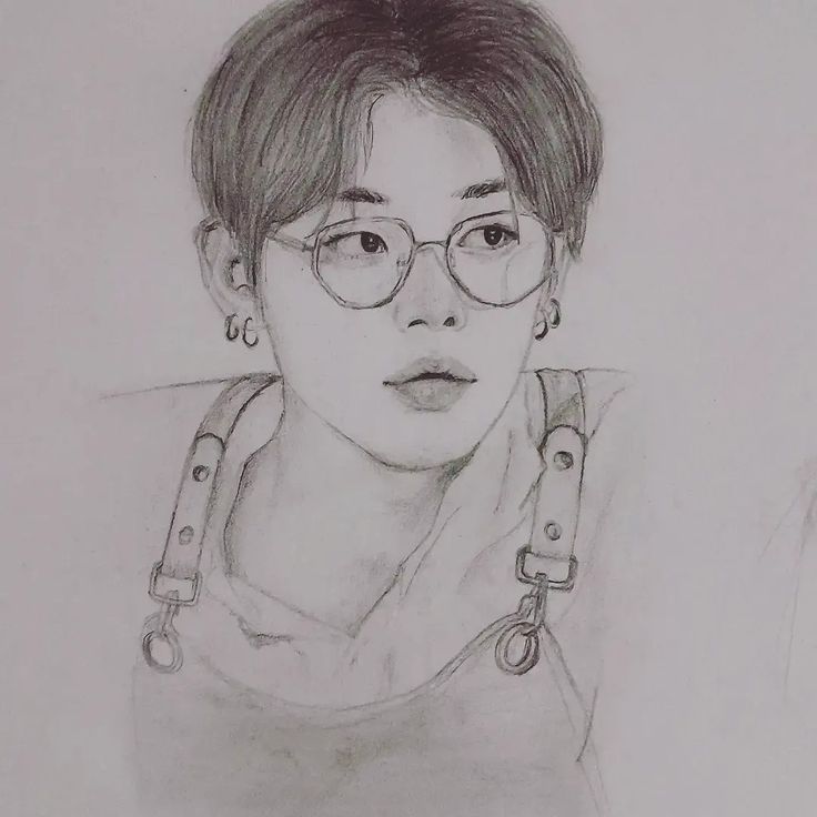 a pencil drawing of a person with glasses and suspenders on their shoulders, looking at the camera