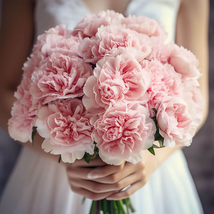 a bride holding a bouquet of pink carnations