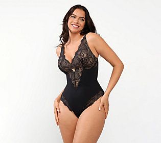 Adjust your figure with this shaping bodysuit boasting an ultra-lacy design that ensures smooth layering underneath your favorite outfits. From Shapellx. Lace Bodysuit Lingerie, Tummy Shaper, Apple Body Shapes, Pear Body, Full Body Shaper, Pear Body Shape, Shape Wear, Cut Out Swimsuits, Leggings Sale