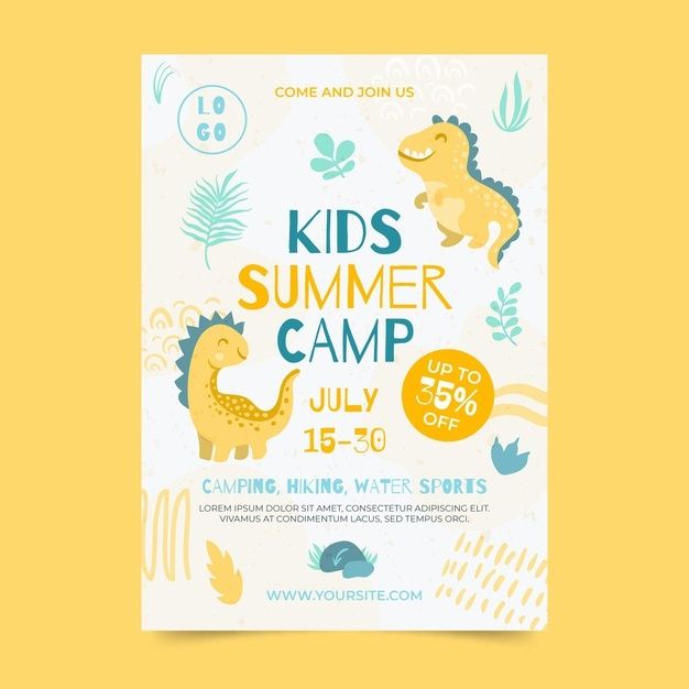 kids'summer camp flyer with dinosaurs and leaves on yellow background in flat design style