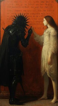 a painting of a woman standing next to a man dressed as darth vader