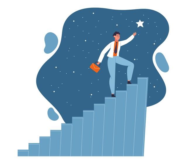 a man standing on top of a bar chart with his hand up to the stars