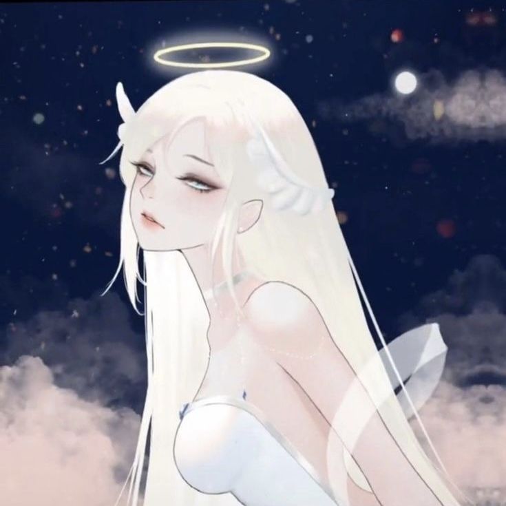 a woman with white hair and an angel halo on her head is standing in the clouds