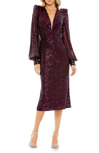 Glistening sequins enliven a scene-stealing midi dress framed by pronounced shoulders with long blouson sleeves. 48 1/2" length Deep V-neck Long sleeves Lined 100% polyester Spot clean Imported Asian Owned/Founded Long Sleeve Midi Dress Formal, Short Wedding Guest Dresses, Elegant Cocktail Dress, Puff Sleeve Midi Dress, Unique Prom Dresses, Sequin Party Dress, Short Cocktail Dress, Midi Dress Party, Midi Cocktail Dress