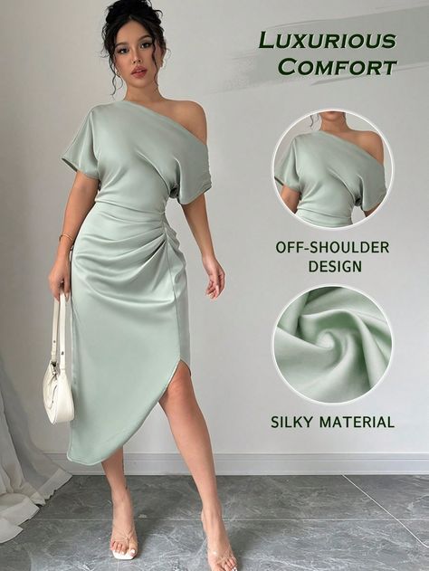 Satin Midi Dress With Sleeves, Vestidos Satin, Country Glam, Dress Pesta, Women Dresses Classy, Dress Hairstyles, Asymmetrical Neckline, Satin Midi Dress, Women Midi