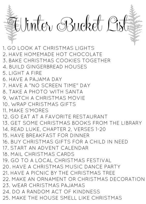 the winter bucket list is shown in black and white