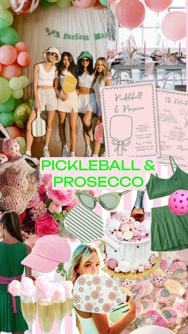 a collage of photos with pink and green balloons, cake, dresses, and other items