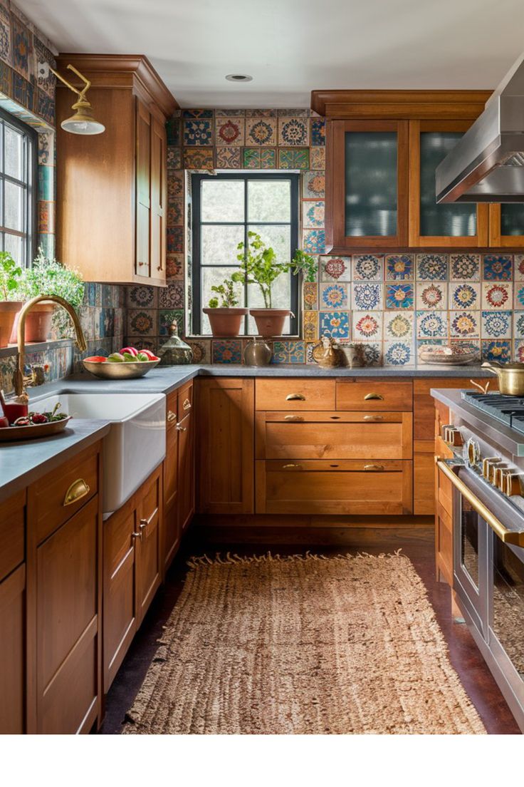 a kitchen with wooden cabinets and an area rug on the floor in front of it