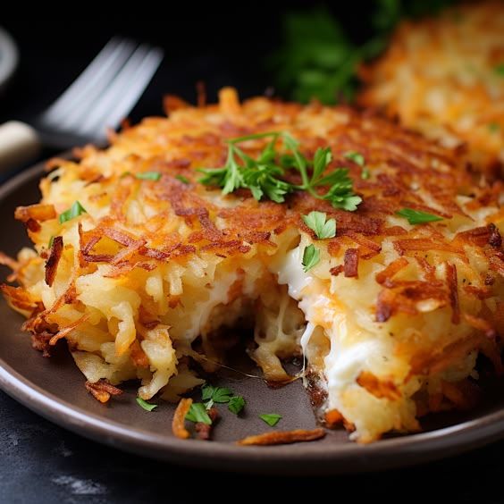 a close up of a plate of food with cheese and vegetables on it, next to a fork