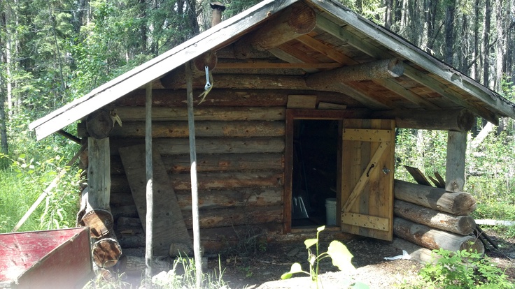 a small log cabin in the woods with logs around it's door and windows