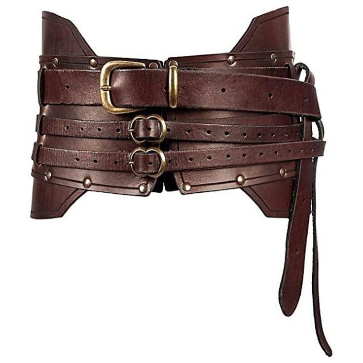 a leather belt with metal buckles on the front and side, all in brown