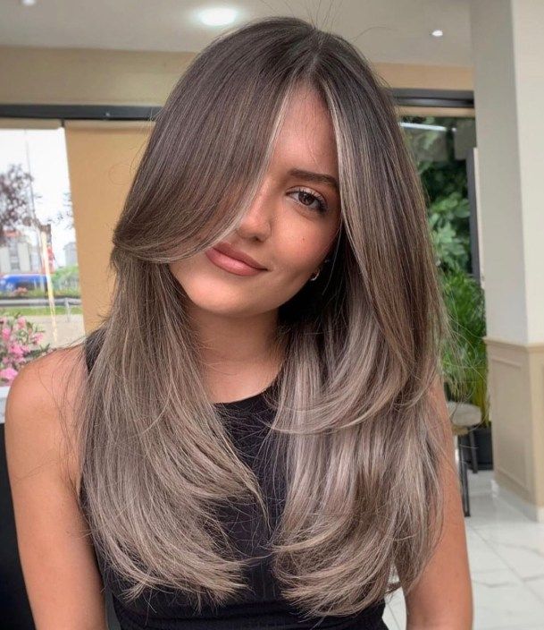 Light Brown Hair with Ash Facial Framing Ash Grey Balayage Straight Hair, Ash Brown Gray Balayage, Mushroom Brown Balayage Hair, Ash Brown Hair Ombre, Brunette And Grey Hair, Hair Coffee Color, Balayage Hair Ash Grey, Brunette To Grey, Light Coffee Hair Color