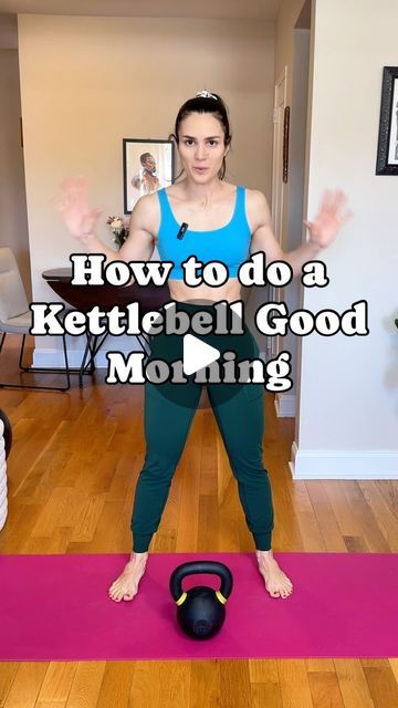 a woman standing in front of a kettle on a yoga mat with the words how to do a kettlebell good morning