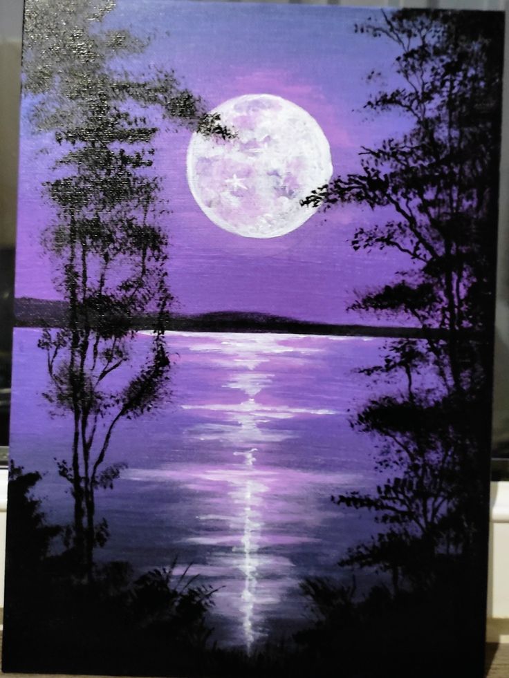 a painting of a full moon over a lake