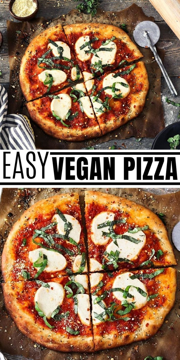 an easy vegan pizza cut into four slices and topped with mozzarella cheese