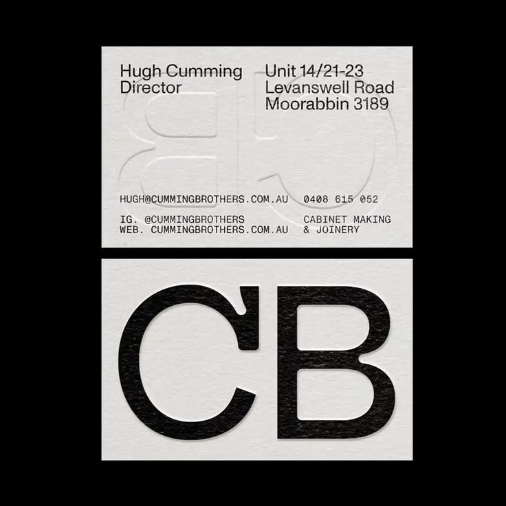 two business cards with the letters c and b in black, white and grey on them