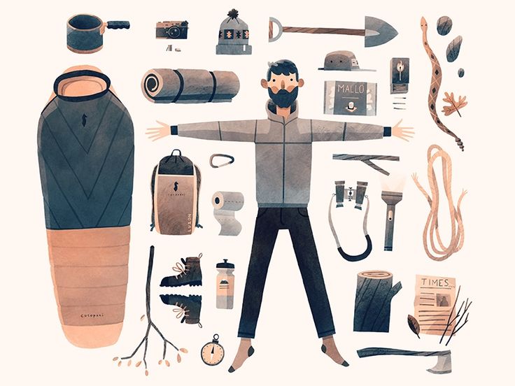 an illustration of a man surrounded by various items