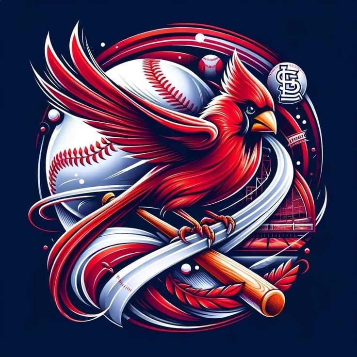 a red bird holding a baseball bat and ball