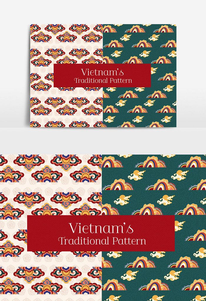 two different patterns with the words vietnam's traditional pattern in red, green and blue