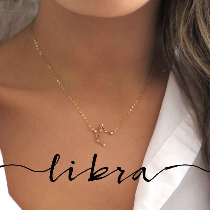 "Celebrate your inner Libra with this dainty little zodiac necklace! Libra dates are September 23 - October 23! Shop more zodiac & birthstone gifts » https://www.etsy.com/shop/LandonLacey?ref=seller-platform-mcnav&section_id=24978022 Love LLJ? Sign up for my newsletter for exclusive updates and deals! » www.eepurl.com/cwyDmn it's in the DETAILS . . . » Gold filled chain » Gold plated zodiac constellation with anti-tarnish finish and CZ inlay » The model is wearing this necklace at 15\". Please n Libra Constellation Necklace, Dainty Zodiac Sign Necklaces, Constellation Balance, Libra Stone, Libra Zodiac Constellation, Libra Dates, Libra Jewelry, Libra Star, Pretty Gold Necklaces