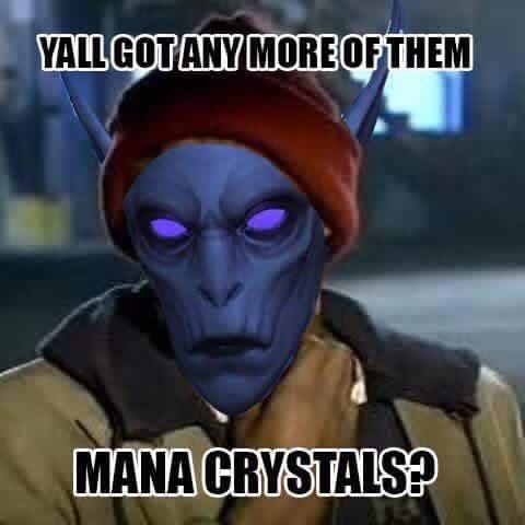 an alien with purple eyes is looking at the camera and says, y'all got any more of them thana crystals?