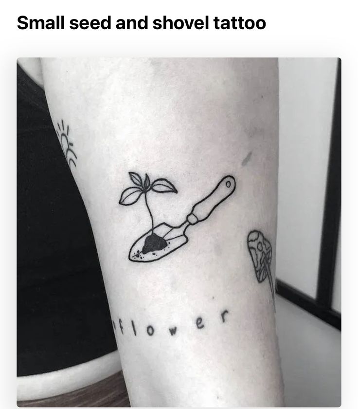 a woman's arm with a small tattoo on it that says flower and a knife