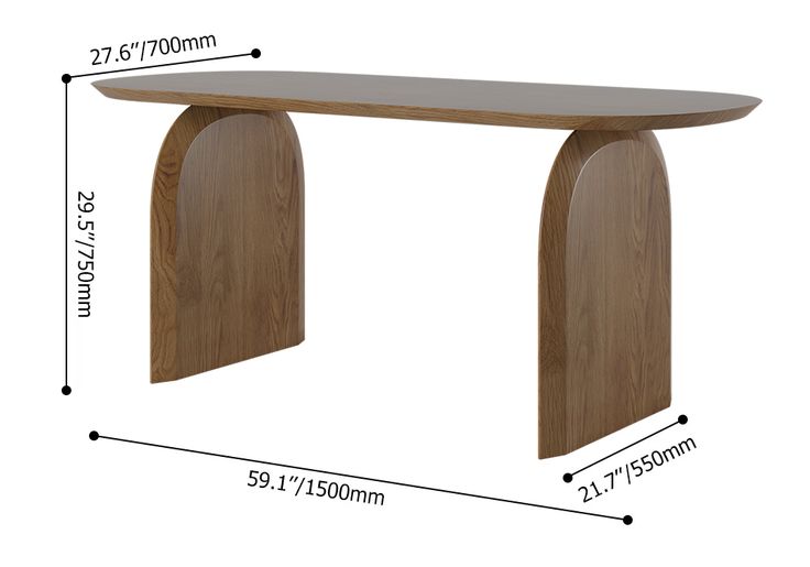 a table with an arch shaped top and measurements for the base, shown in front of a