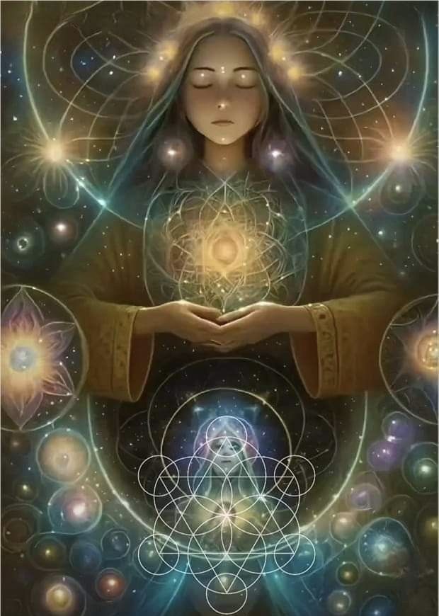 an image of a woman holding her hands out in front of the stars and circles