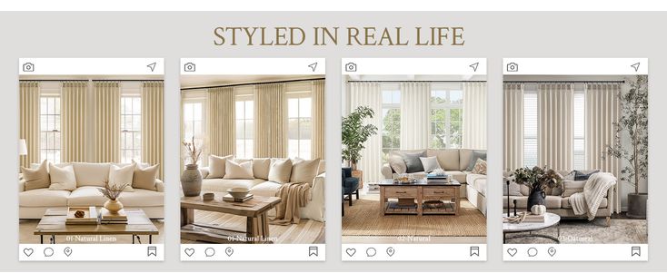 three pictures of living room furniture in different styles and colors, with the text style in real life above them