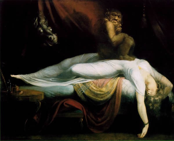 a painting of a woman laying on top of a bed with a horse in the background