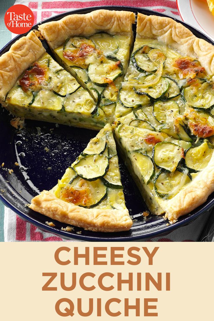 a cheesy zucchini quiche on a plate with a slice missing