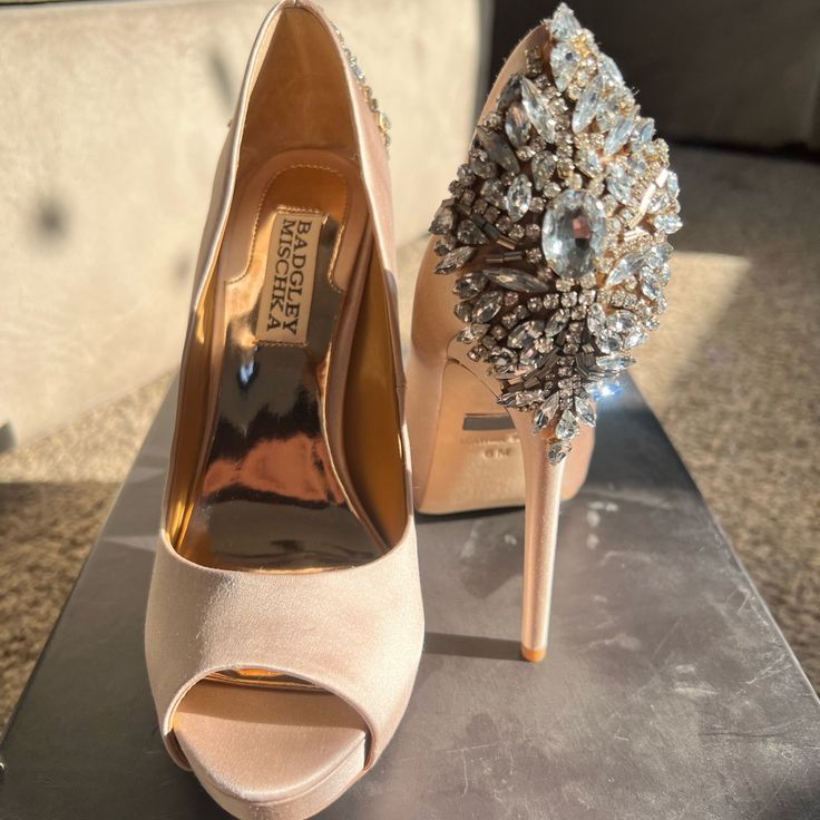 Pale Pink Wedding Shoes, Never Worn, Still Have Box And All Replacement Jewels. Size 6 Badgley Mischka Wedding Shoes, Pale Pink Wedding, Sparkly Wedges, Pewter Heels, Pink Kitten Heels, Badgley Mischka Shoes Wedding, Leather Ballet Shoes, Pink Wedding Shoes, Formal Heels