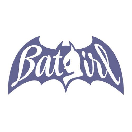 batgirl logo with the word batgirl written in white letters on a purple background